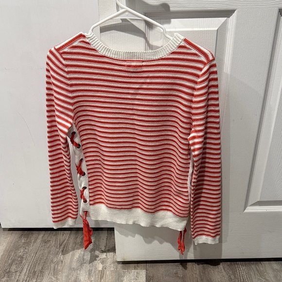 Coral and White Striped Knit Sweater with Side Tie Detail - Picture 2 of 2